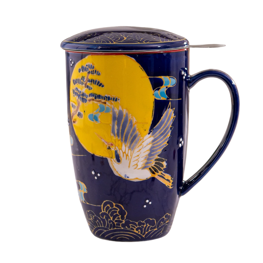 Ceramic Tea Mug with Infuser - Crane (Blue)